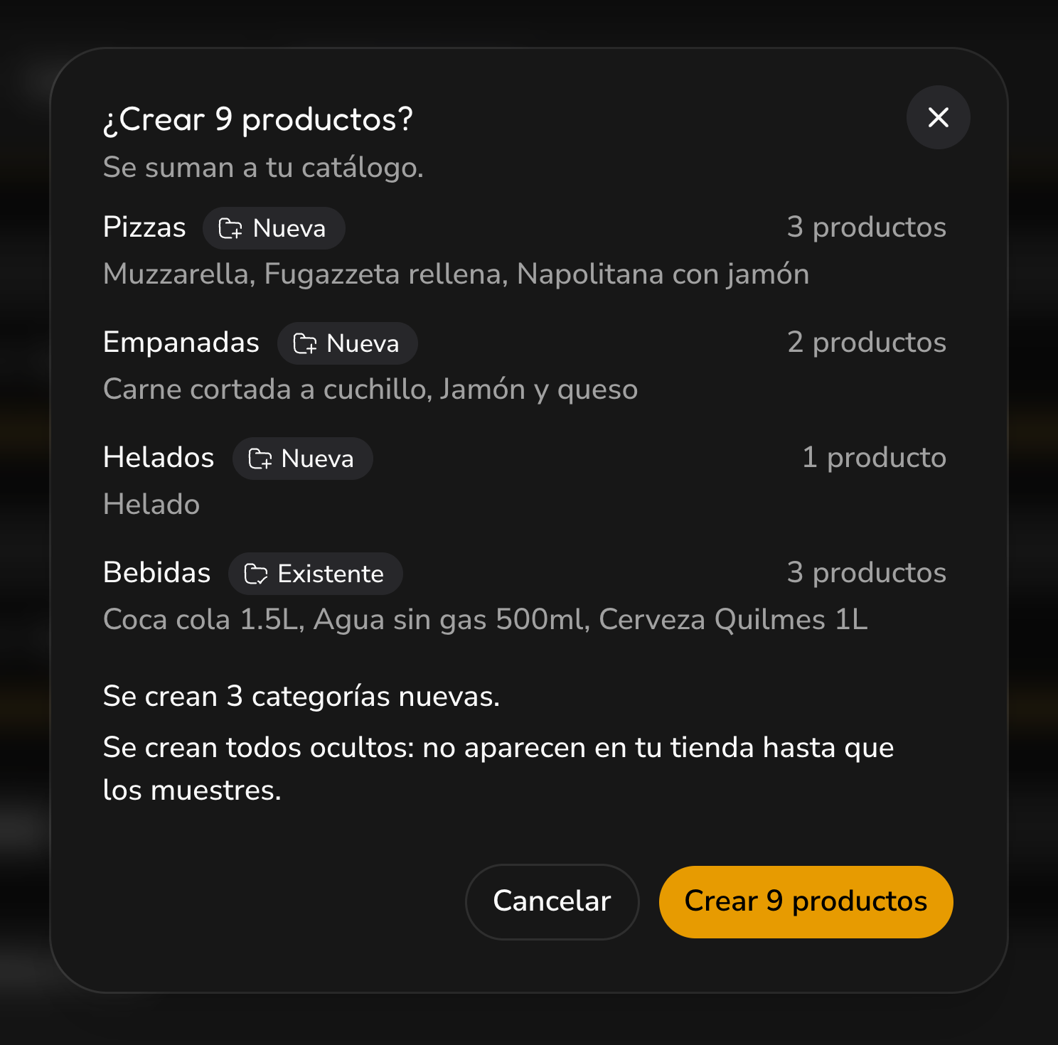 El resumen antes de crear: cuántos productos van en cada categoría, cuántas categorías son nuevas y que se crean ocultos