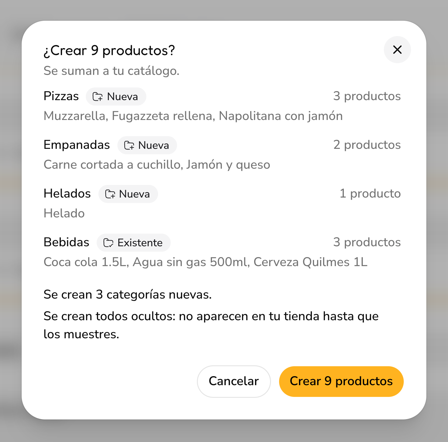El resumen antes de crear: cuántos productos van en cada categoría, cuántas categorías son nuevas y que se crean ocultos