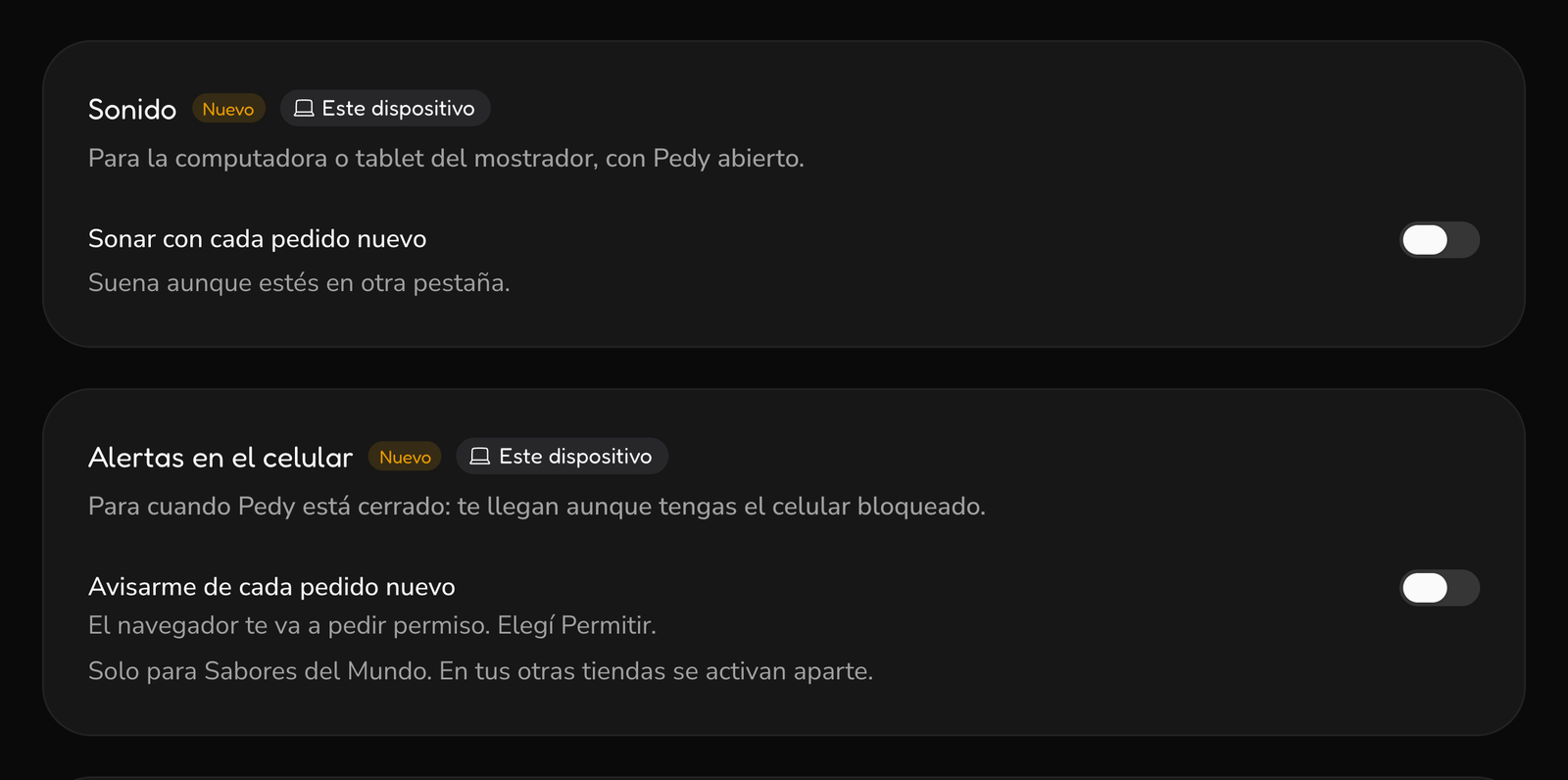 En Ajustes de pedidos, el sonido con cada pedido nuevo y las alertas en el celular, cada uno para este dispositivo