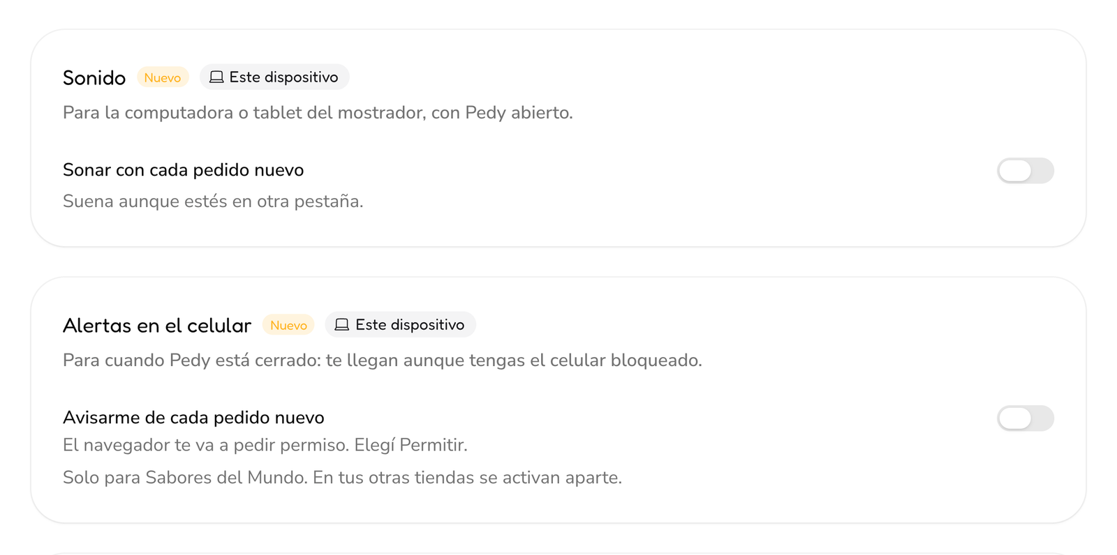 En Ajustes de pedidos, el sonido con cada pedido nuevo y las alertas en el celular, cada uno para este dispositivo