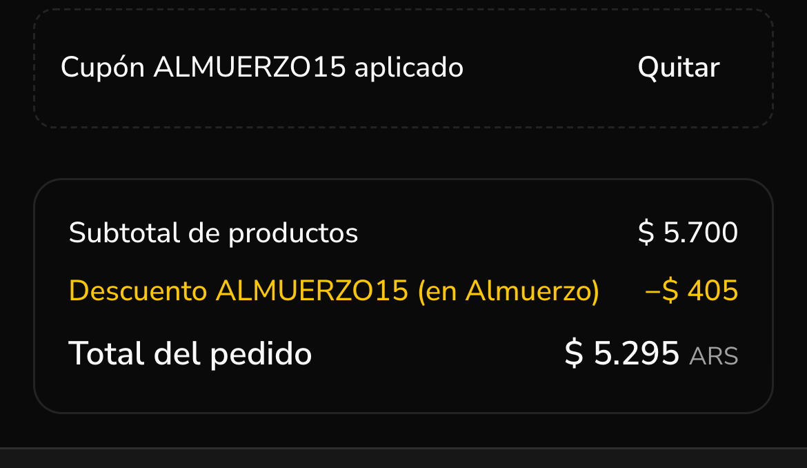 El resumen del pedido con el cupón ALMUERZO15 aplicado: descuenta $ 405 en Almuerzo, no sobre todo el subtotal de $ 5.700