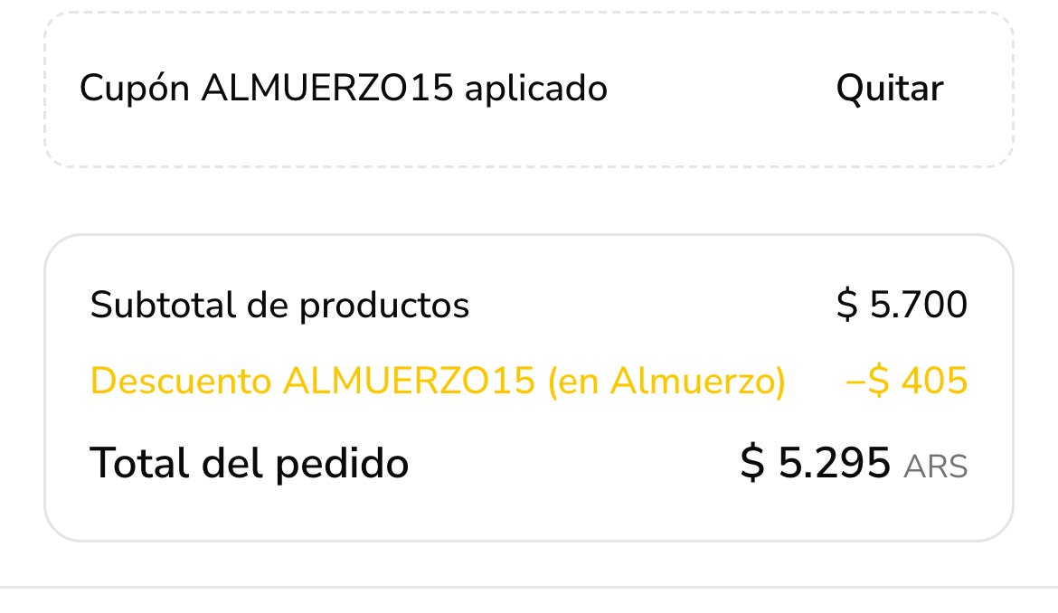 El resumen del pedido con el cupón ALMUERZO15 aplicado: descuenta $ 405 en Almuerzo, no sobre todo el subtotal de $ 5.700