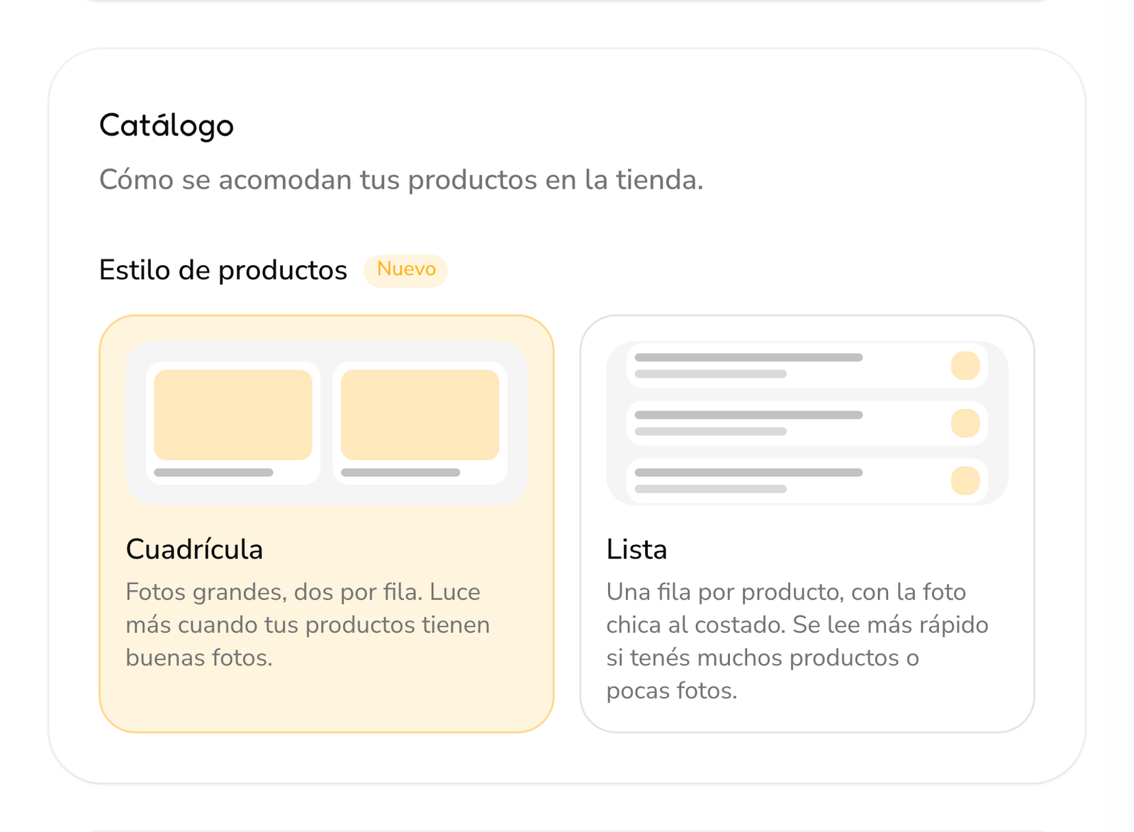 La tarjeta Catálogo en Apariencia, con las opciones Cuadrícula y Lista