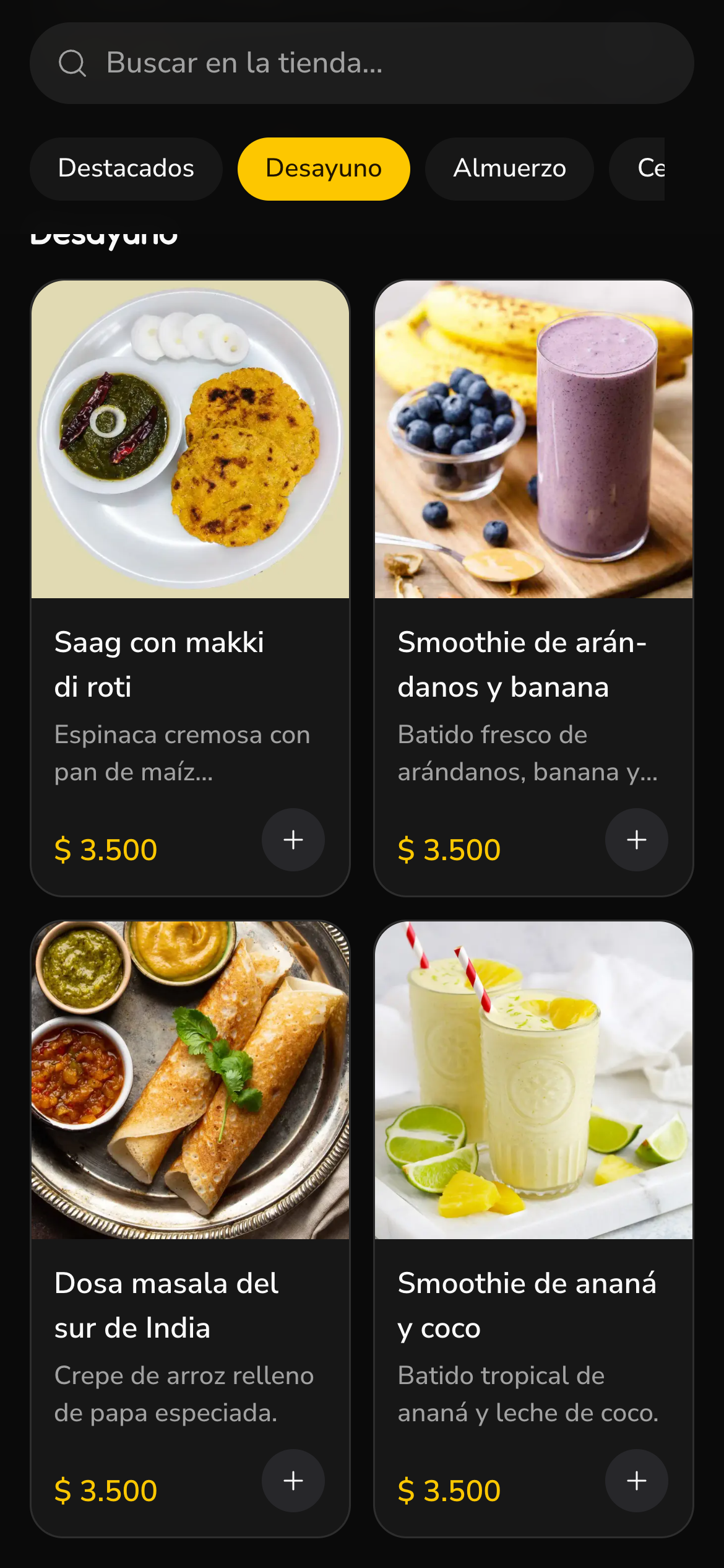 Una tienda en el celular con los productos en cuadrícula, dos por fila y con fotos grandes
