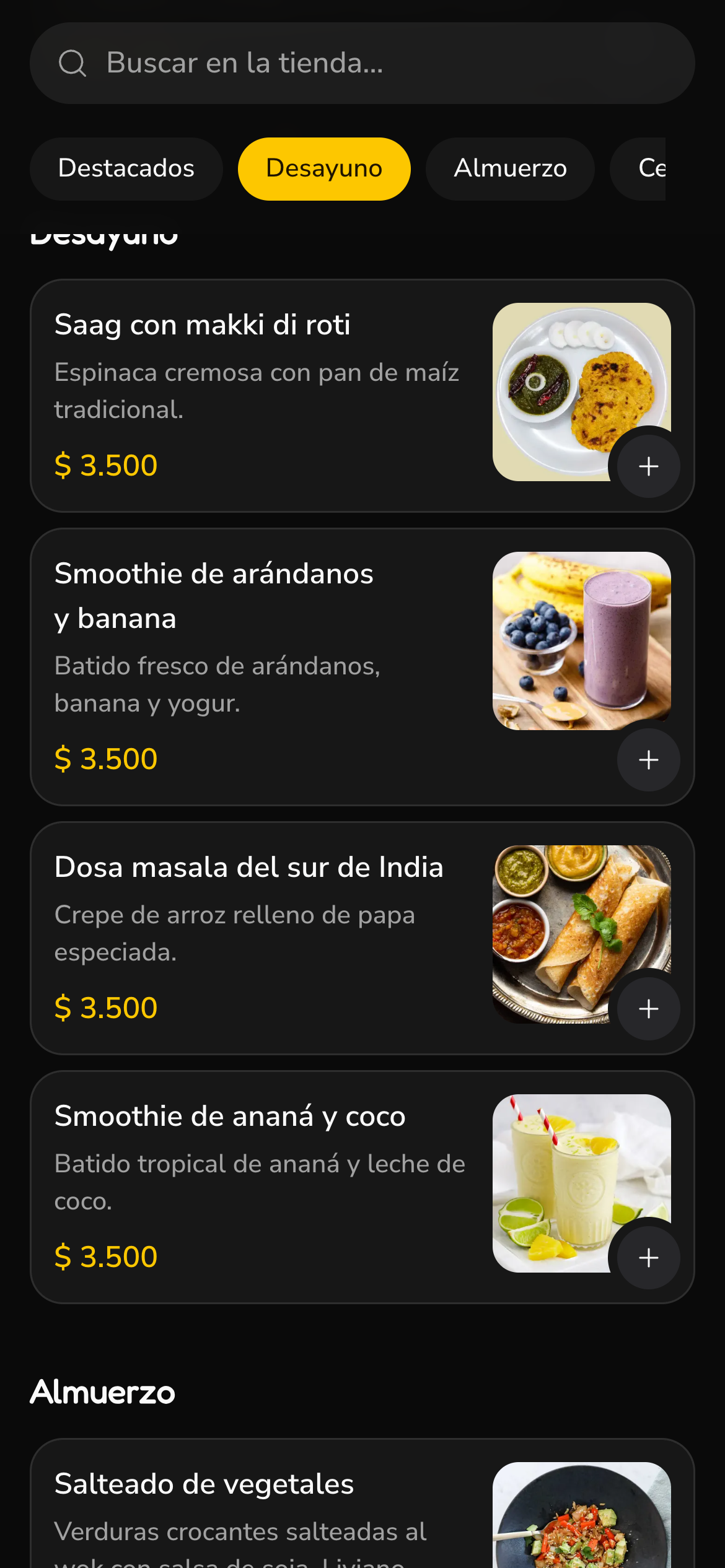La misma tienda en el celular con los productos en lista, uno por fila y con la foto chica al costado