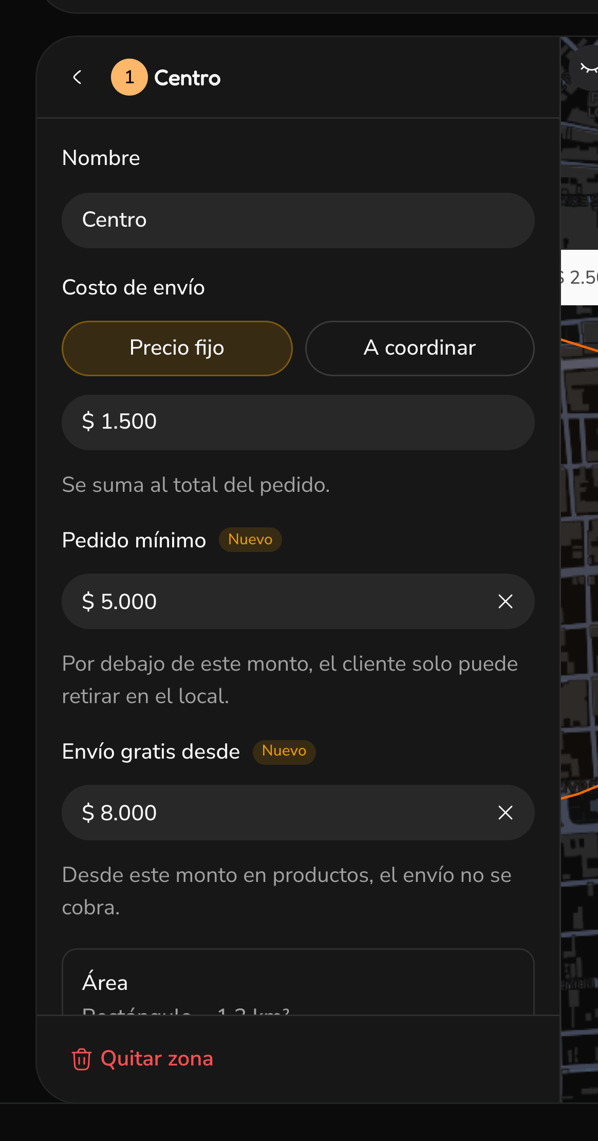 Una zona de envío de la sucursal con su costo, el pedido mínimo y el monto desde el que el envío es gratis