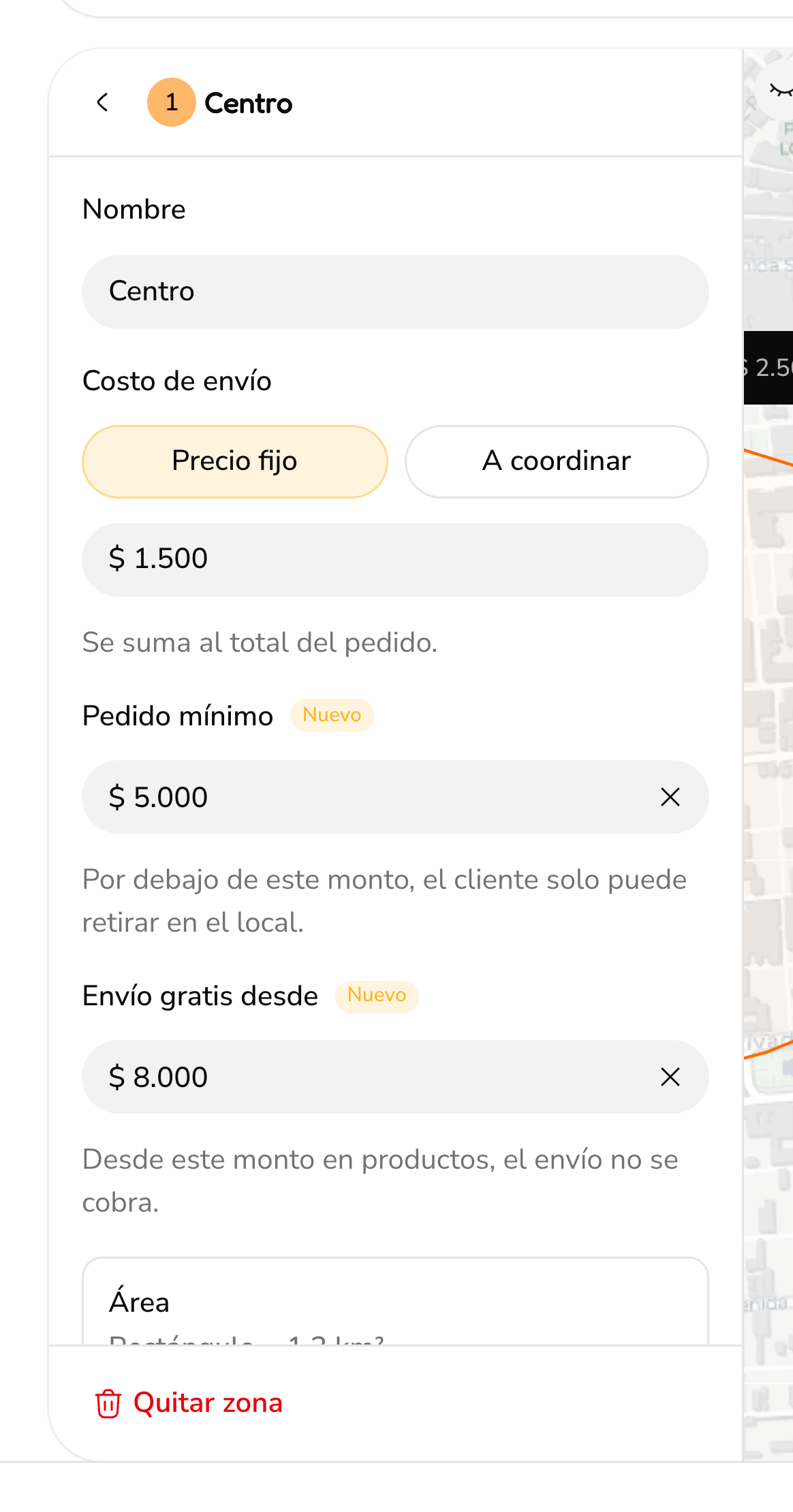 Una zona de envío de la sucursal con su costo, el pedido mínimo y el monto desde el que el envío es gratis
