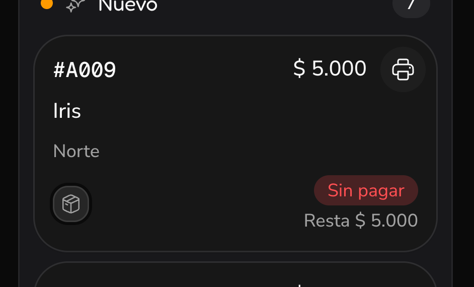 Un pedido en el tablero con el botón para imprimir su ticket al lado del total