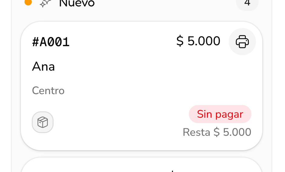 Un pedido en el tablero con el botón para imprimir su ticket al lado del total