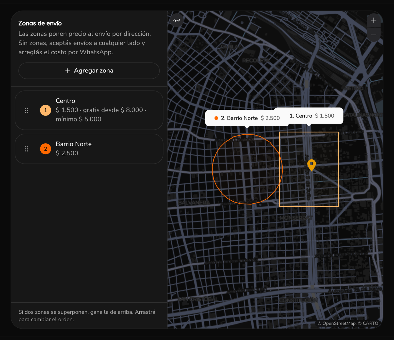 Las zonas de envío de una sucursal en el mapa, cada una con su precio, y la lista con el costo, el mínimo y el envío gratis de cada zona