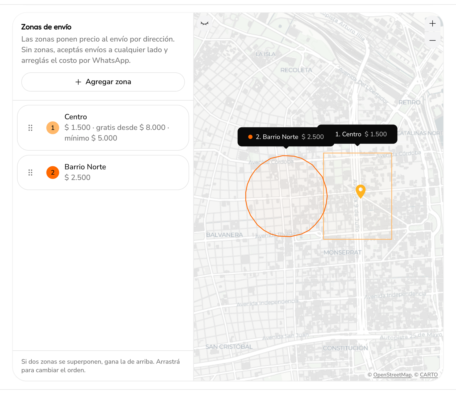 Las zonas de envío de una sucursal en el mapa, cada una con su precio, y la lista con el costo, el mínimo y el envío gratis de cada zona